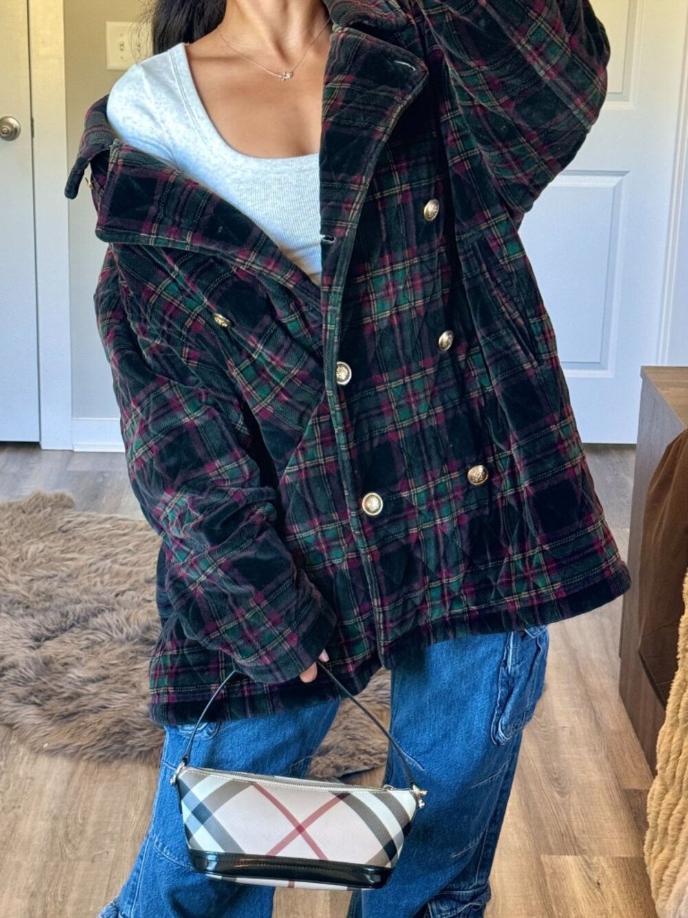 Vintage 90s Jones New York Quilted Plaid Velvet Double Breasted Peacoat Size 2X